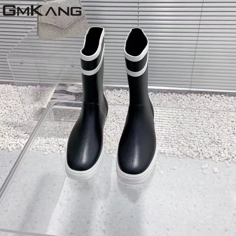 Thick Sole Rain Boots Woman Round Toe Slip-on Rubber Waterproof Rainboots Ladies Long Boots Flat Platform  Rain Shoes For Women