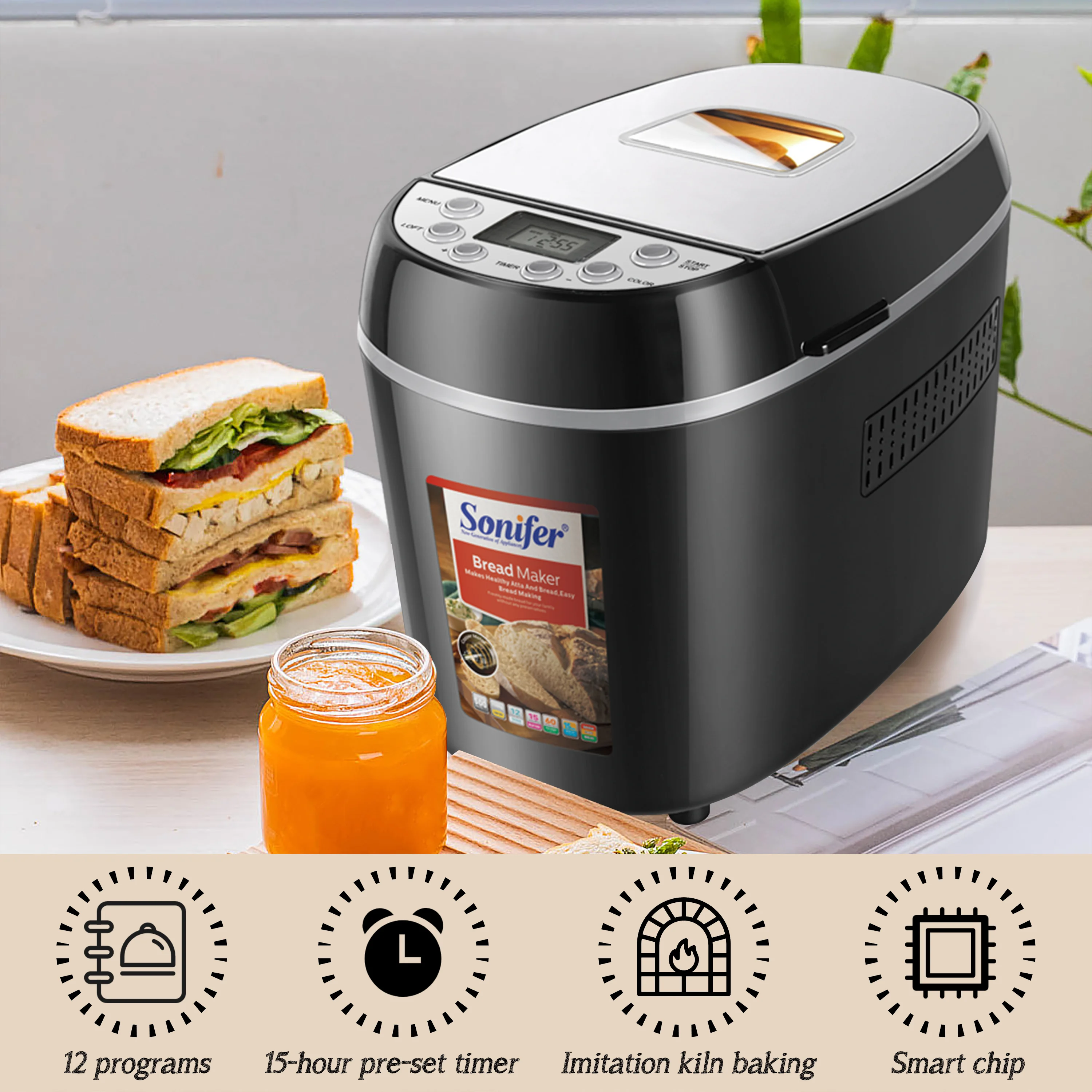 1.3kg Automatic Bread Machine 870w Programmable Bread Maker 15-hour Pre-set Timer Control Panel With Lcd Display Sonifer
