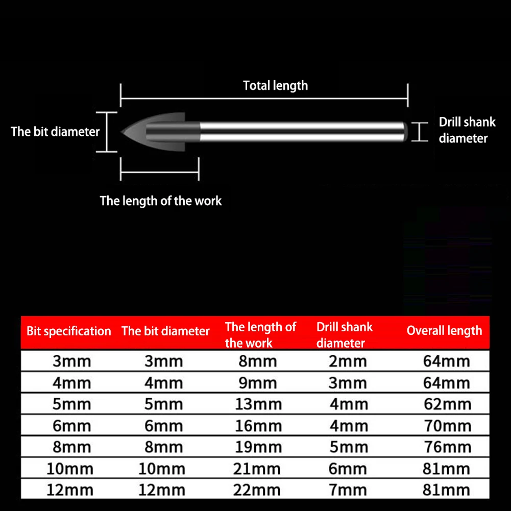 3-12mm Glass Drill Bit Tungsten Carbide Tipped Ceramic Tile Cutter Hole Opener Power Tool Electric Drill Spare Parts