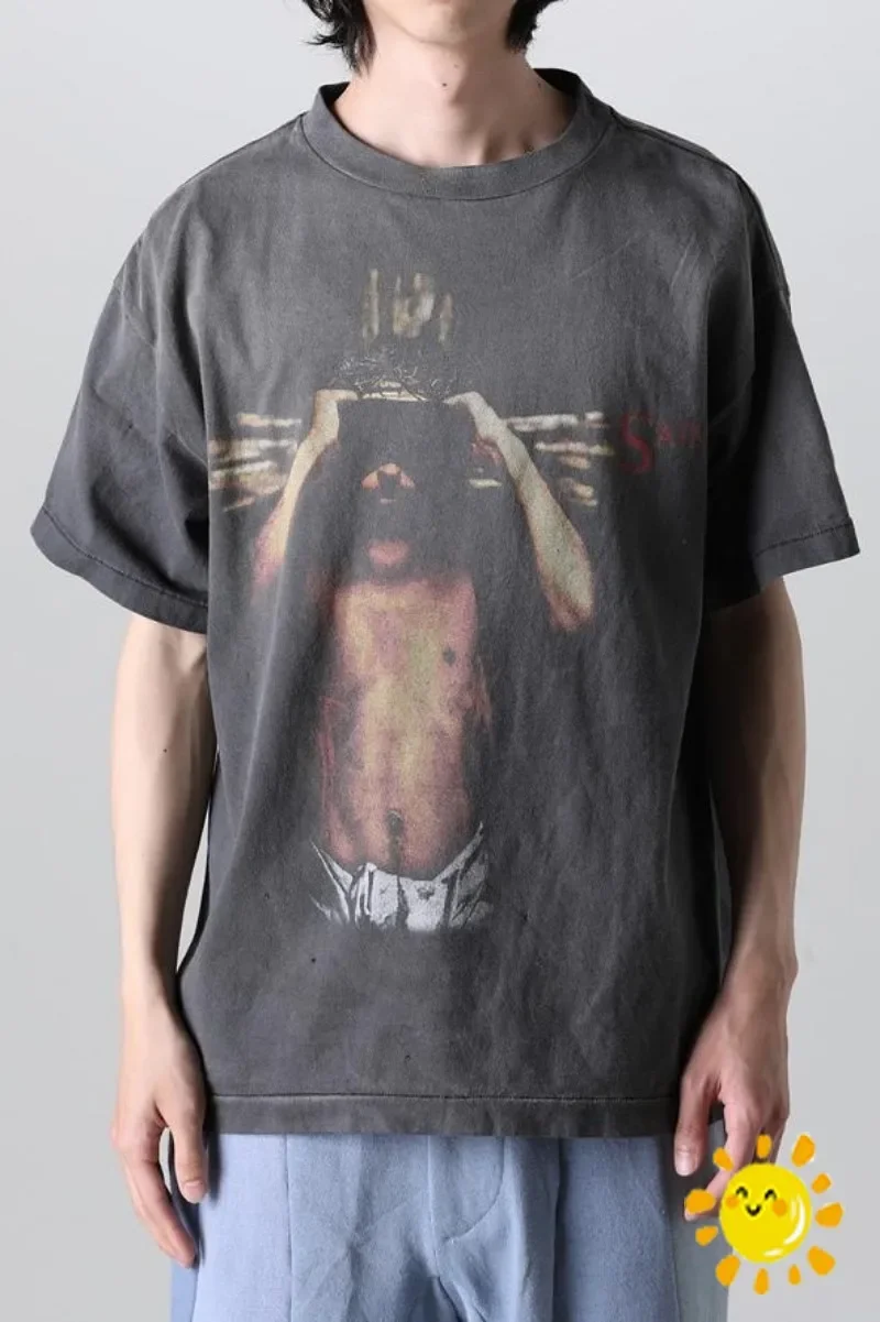 

Washed Digital Printing Vintage SAINT MICHAEL T Shirt Men Women 1:1 High Quality Tee Top