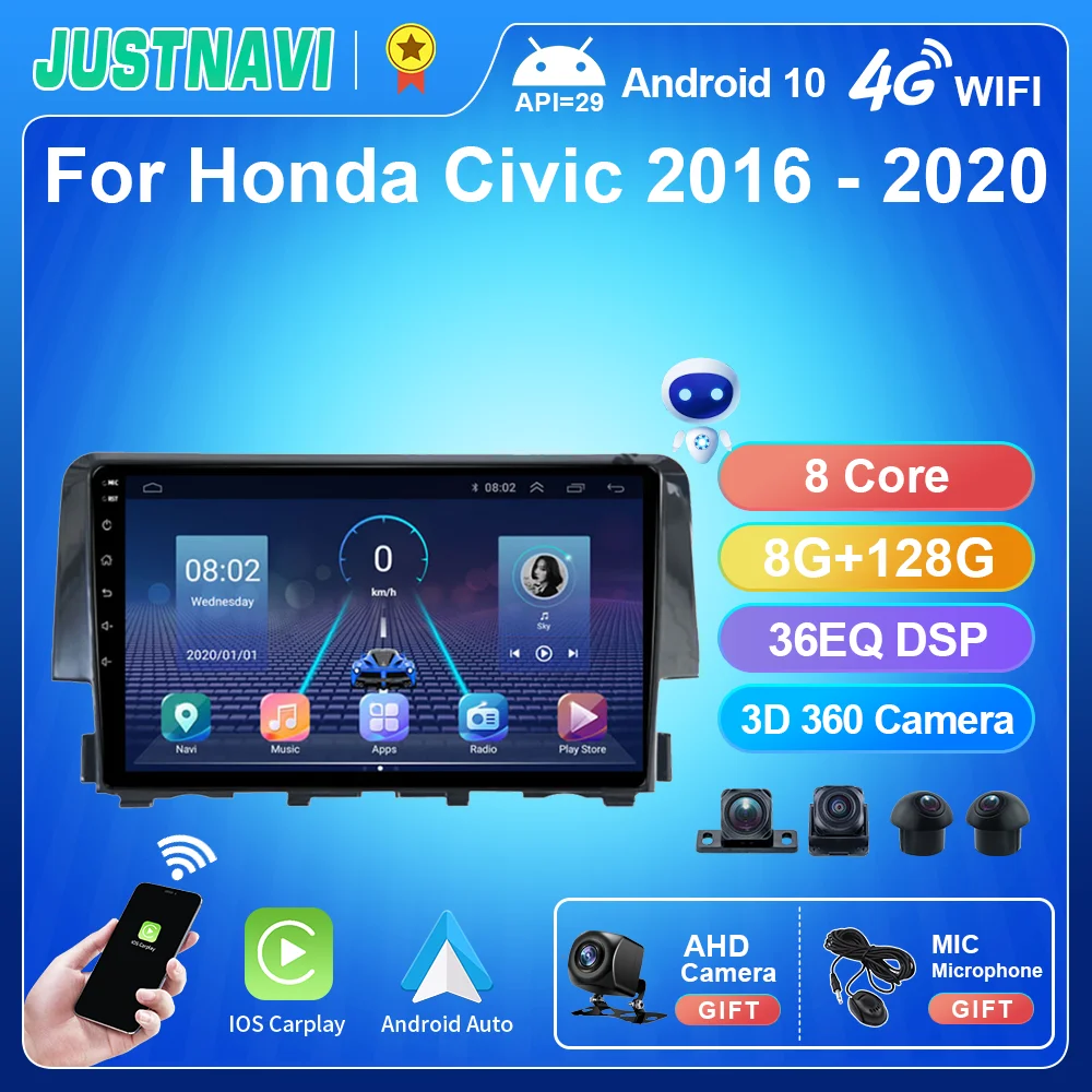 

JUSTNAVI GPS Navigation Android 10 8+128G Car Multimedia Radio Video Stereo Player For Honda Civic 2016 Auto Carplay 4G LTE RDS