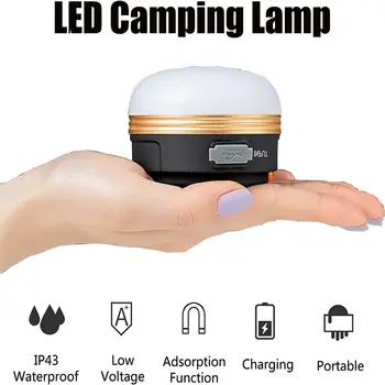 자석 베이스가 있는 충전식 고출력 LED 캠핑 조명, 야외 텐트용 보조배터리, 휴대용 비상 랜턴, 하이킹