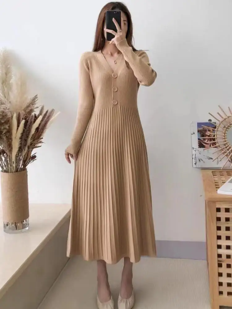 Korean autumn apricot lace long sleeve stand dress SD00508