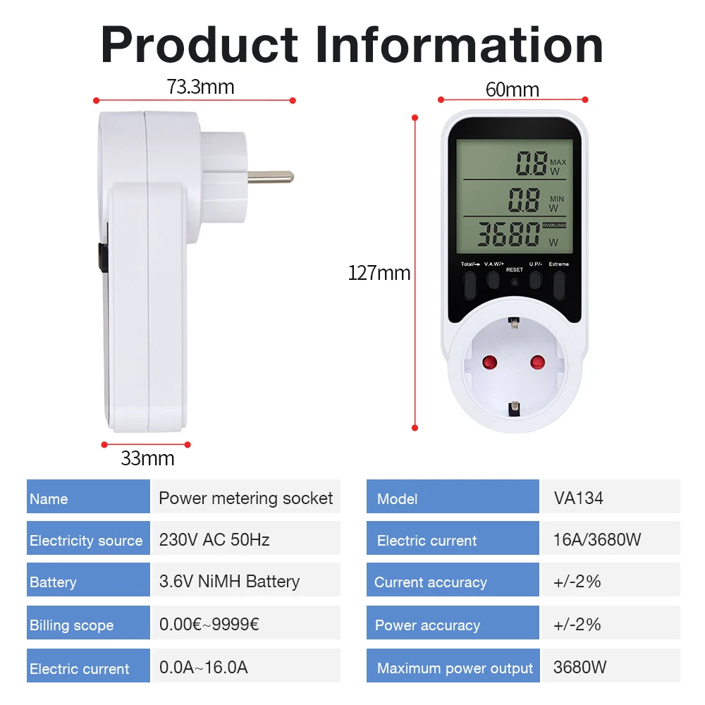 AC Power Meter Socket LCD Display Wattmeter Energy Tester KWH Electricy Consumption Metering Current Voltage Power Monitor