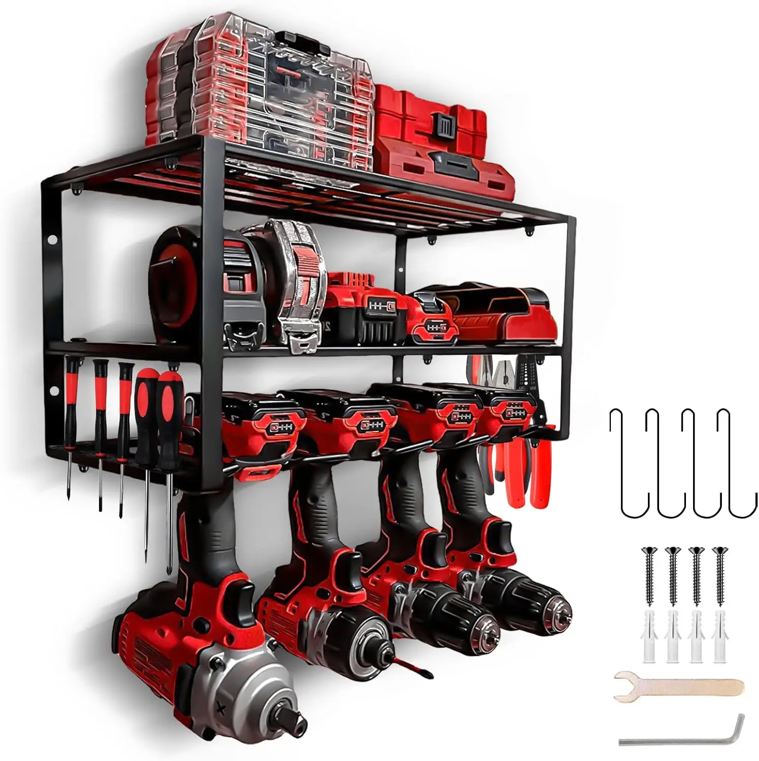 Tool Organizer Power Tool Holder 3-Layer Heavy Duty Pegboard Wall Storage Tool Set Drill Screwdriver Rack Workshop Cabinet