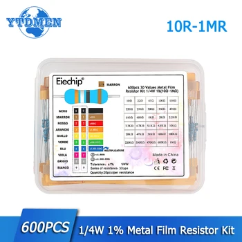 300/600PCS 1/4W Metal Film Resistor Kit Resistance 1% 30 values 10 Ohm ~1M 0.25w Resistors Set 1