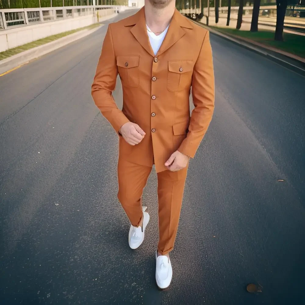 Notch Lapel Safari Men Suits For Outdoor Prom 2 Pcs Wedding Tuxedo Made Single Breasted Blazer With Pants