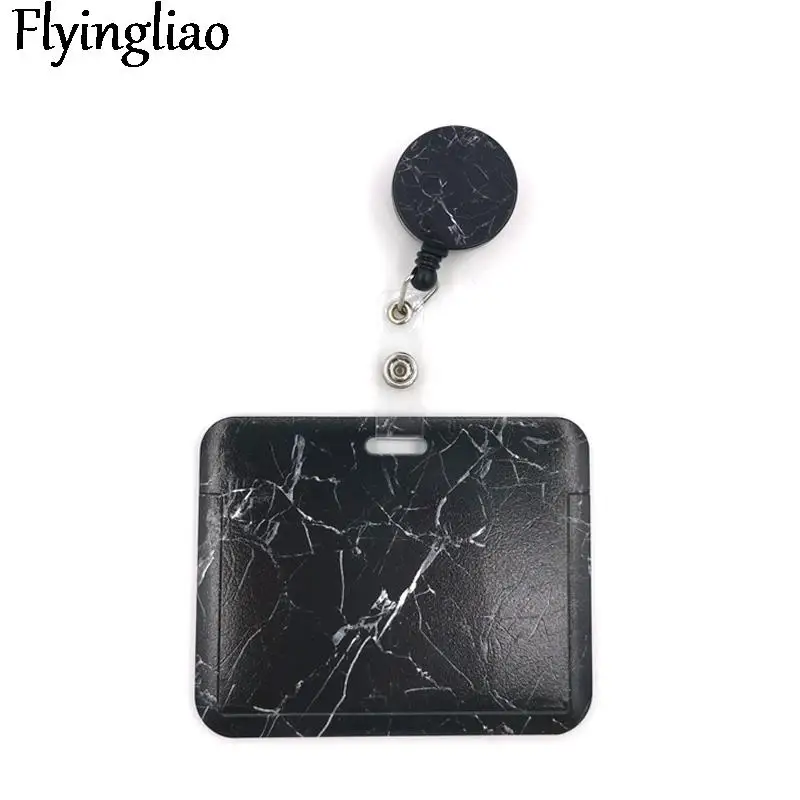 Black Marble Texture Cute Credit Card Cover Lanyard Bags Retractable Badge Reel Student  Name Clips Card ID Card Holder Chest