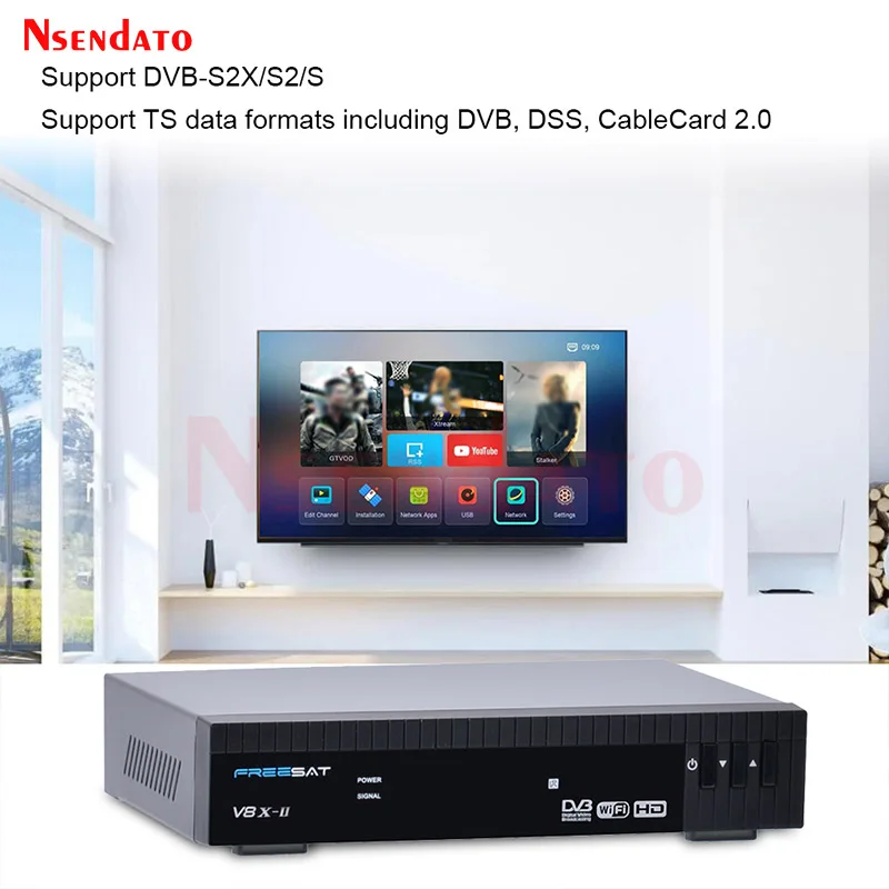 Freesat V8X II DVB-S2X/S2/S Satellite TV Receiver Decoder With 2Gb RAM Support DiSEqC1.0-1.3 7-Day EPG Built-in WIFI Dongle