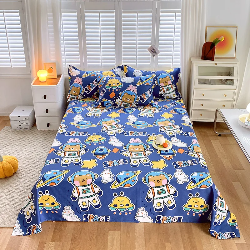 Cartoon Bear Flat Sheet with 2 Pillowcase Twin/King Cotton Space Explorer Theme Rocket Star Print Bed Sheet Set(No Fitted Sheet) 1