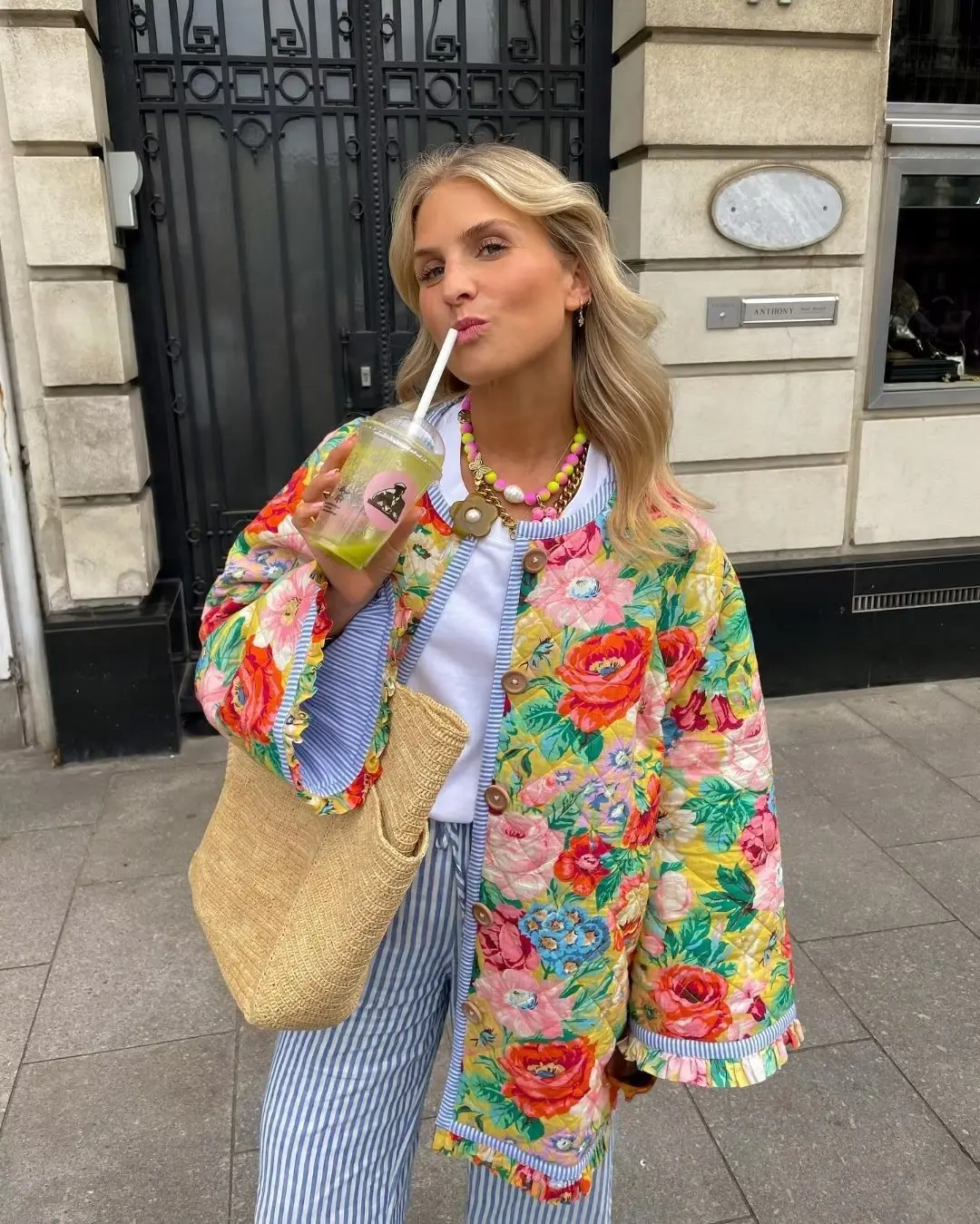 

Vintage Rose Printed Cotton Jacket Women Casual Loose Long Sleeve Single Breasted Coat2023Autumn Winter Warm Streetwear p1144