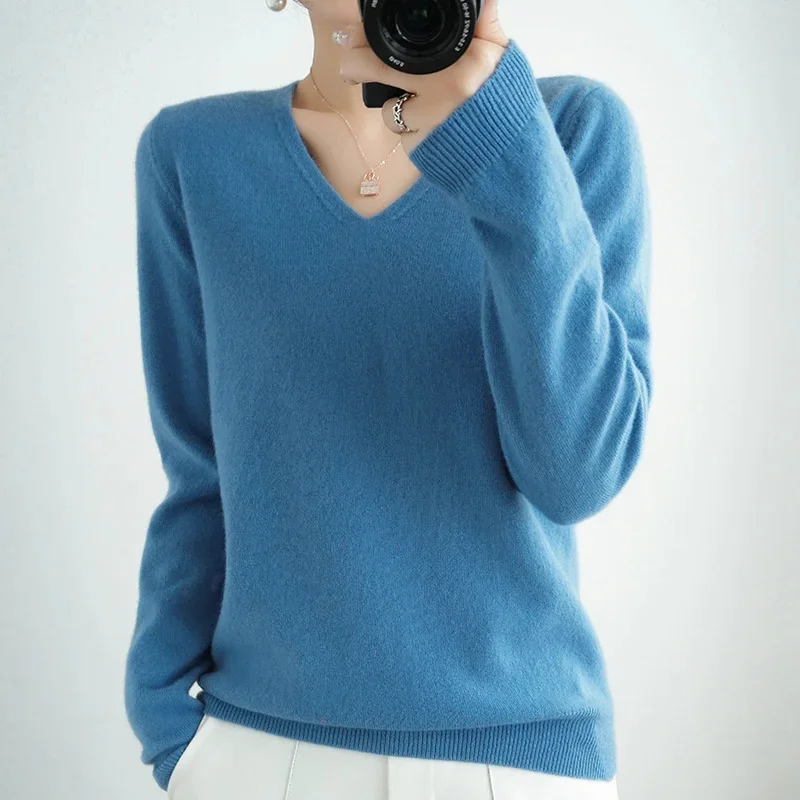 

Women Sweater Spring Autumn V-neck Knitwear Long Sleeve Slim Warm Sweater Pullovers Lady Basic Jumpers Knitted Bottoming Shirt