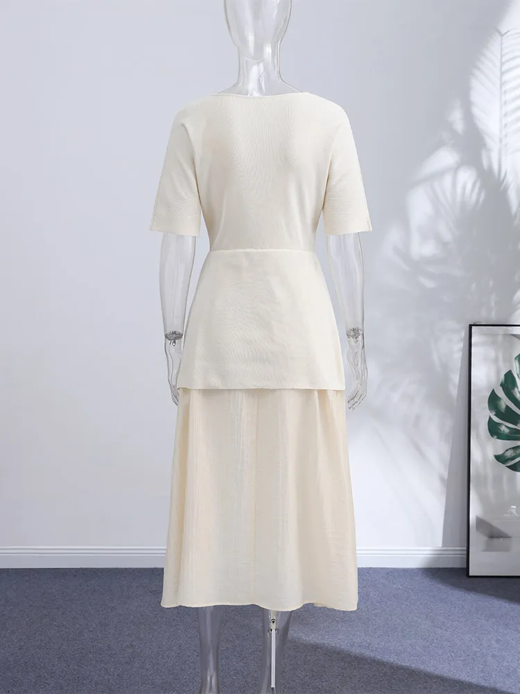 O-Ausschnitt Kurzarm Patchwork Langes Kleid Damen Elegantes Einreihiges Tailliertes Party-Abendkleid Schicke Damenkleider – Detail 5