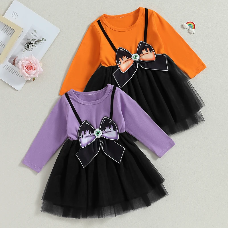 

Halloween 3-5Y Kids Girls Casual Dress Costume Long Sleeve Dress Crew Neck Bow Patchwork Fall Dress