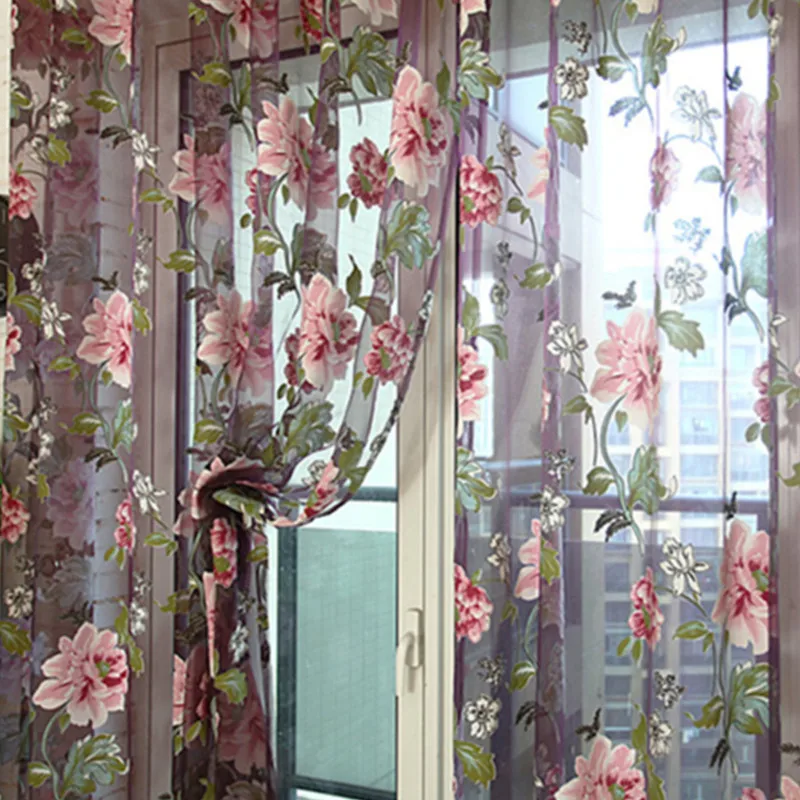 Purple Peony Floral Tulle Sheer Curtains For Living Room Bedroom Kitchen Shade Window Treatment Curtain Blinds Panel window curtains decor curtains light filtering curtains