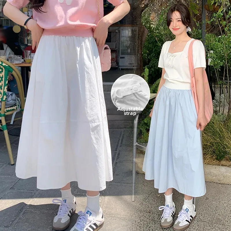High Waist Maternity Skirt Korean Style A-Line Midi Skirt Slimming Summer No Belly Support Half-length