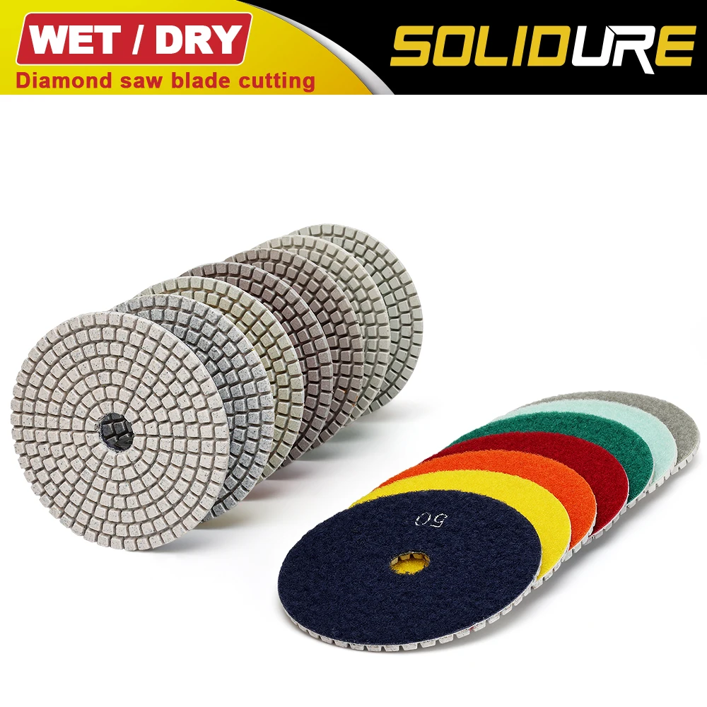 7pcs/set 100mm 3 4 5 diamond  polishing pads dry or wet use for polishing granite,marble engineered stone and concrete hot sale dc bws3pp02 100mm dry and wet polishing 4 inch 3 step diamond polishing pads for marble and granite