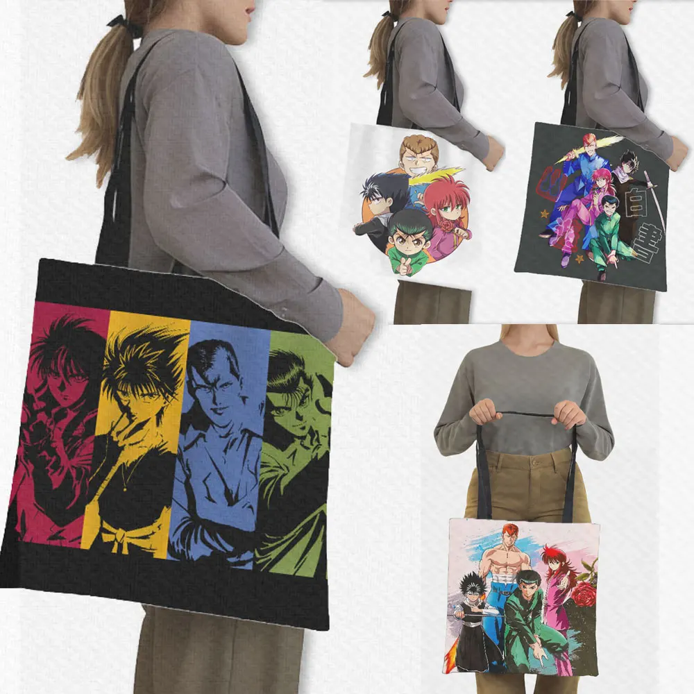 

Anime YuYu Hakusho Pattern Shopping Bag Hiei Koenma Handbag Yusuke Kazuma Large Storage Totes Bookbag Eco Portable Shopper Bag