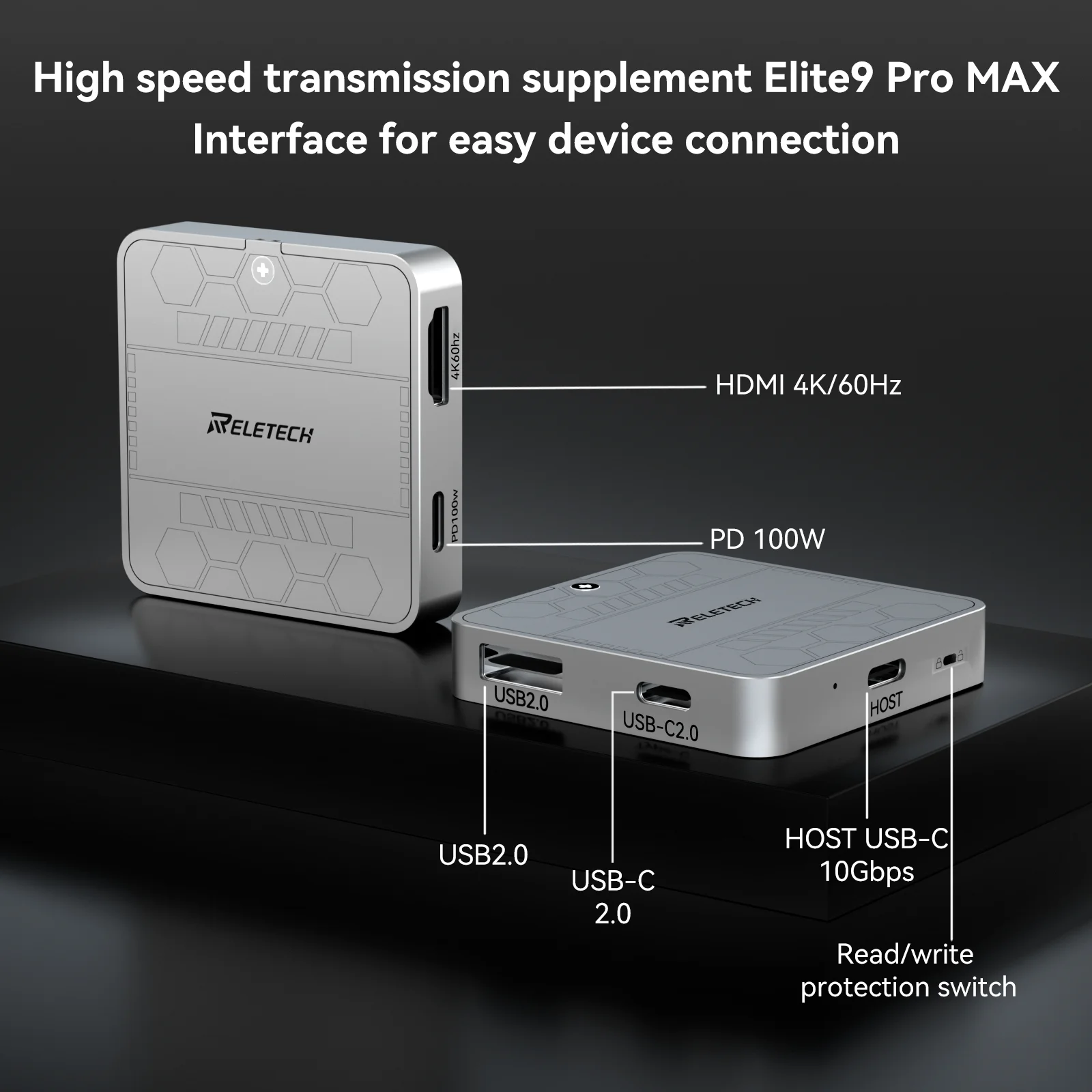 레텔텍 엘리트9 프로 맥스 외장 마그네틱 SSD, 10Gbps, 100W 충전, HDMI, USB C/A, 아이폰 17/16/15 호환, USB C 폰, 노트북