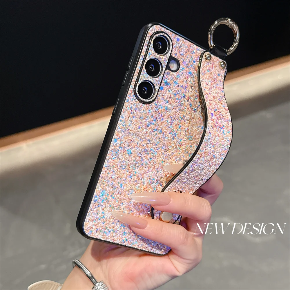 Luxury Glitter Wristband Bracket Case with Hand Strap and Bling Shockproof Cover