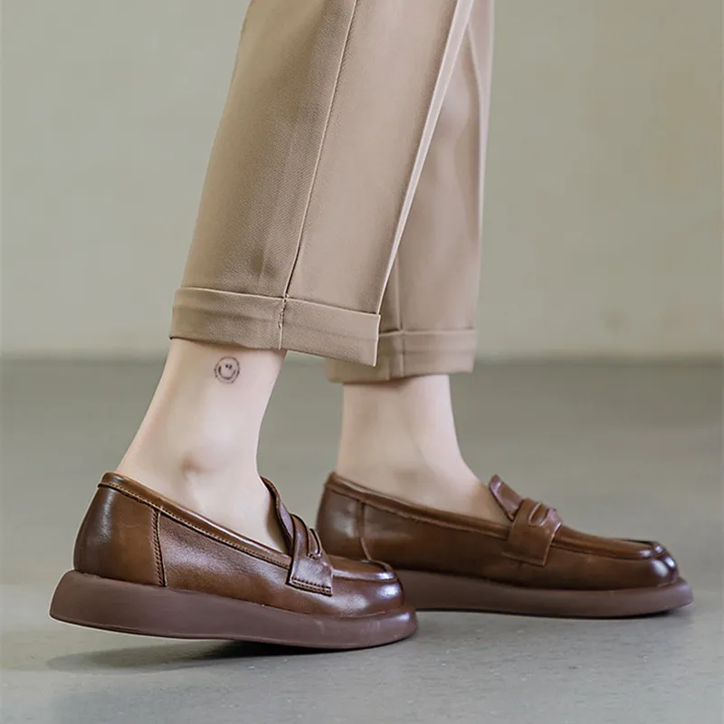 Loafers Women's Flat 2023 New Genuine Leather Vintage Handmade Women's Single Shoes British Style Comfortable Women's Shoes