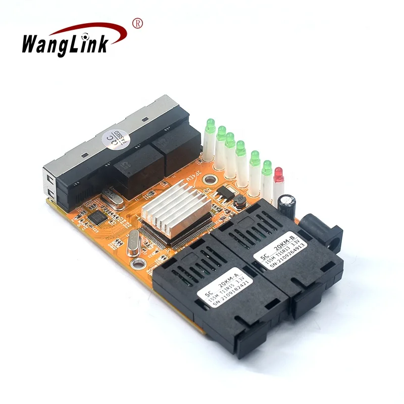 wanglink single mode single fiber 10 100mbps 1 sc fiber port with 1 rj45 port sm media converter 20km Wanglink Reverse PoE 10/100M Fast Single Mode 2 SC Fiber 4 Lan Port Media Converter Passive POE PCB Board