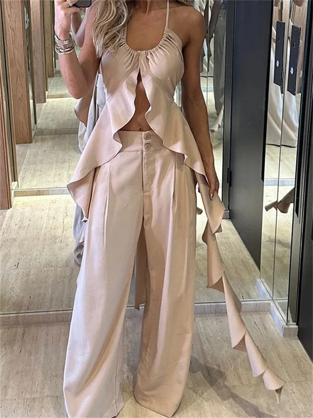 

Женский летний комплект из двух предметов, элегантный топ без рукавов с открытой спиной и брюки с широкими штанинами на шнуровке