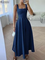 ZANZEA Sexy Strap Tank Dresses Women Fashion Square Collar Maxi Sundress Vintage Satin Waisted Dress Summer Holiday Party Robe