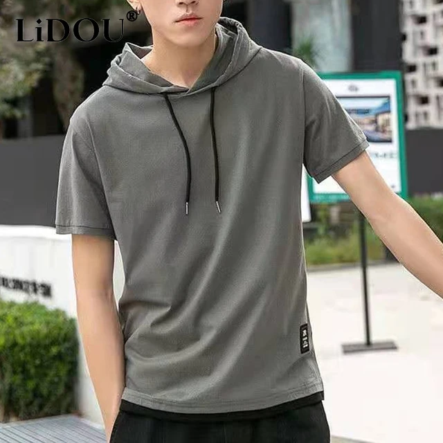 2023 Summer New Short Sleeve Hoodies Man Solid Color Drawstring