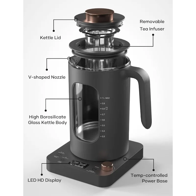 Electric Kettle, INTASTING Wide Opening Glass Kettle with Tea Infuser, 9 Smart Presets, Auto Memory, Mute, 1200W Fast Heating