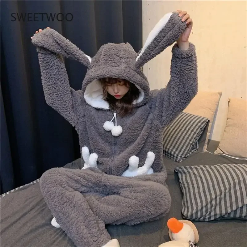 Winter Thicken Onesie Pajamas Women Warm Plush Kawaii Animal Rabbit One Piece Cosplay Bunny Homewear Sleepwear Jumpsuit Costume
