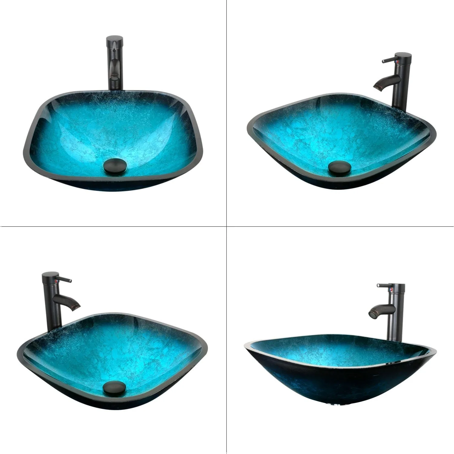 16.5" Bathroom Vessel Sink Single Turquoise Square Tempered Glass Basin Countertop Bowl Sink, W/Water Save Faucet Pop Up Drain 5
