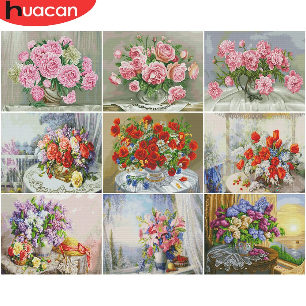 Cross Stitch Kit HUACAN White Canvas DIY Home Decoration 14CT 40x50cm Embroidery Rose Peony