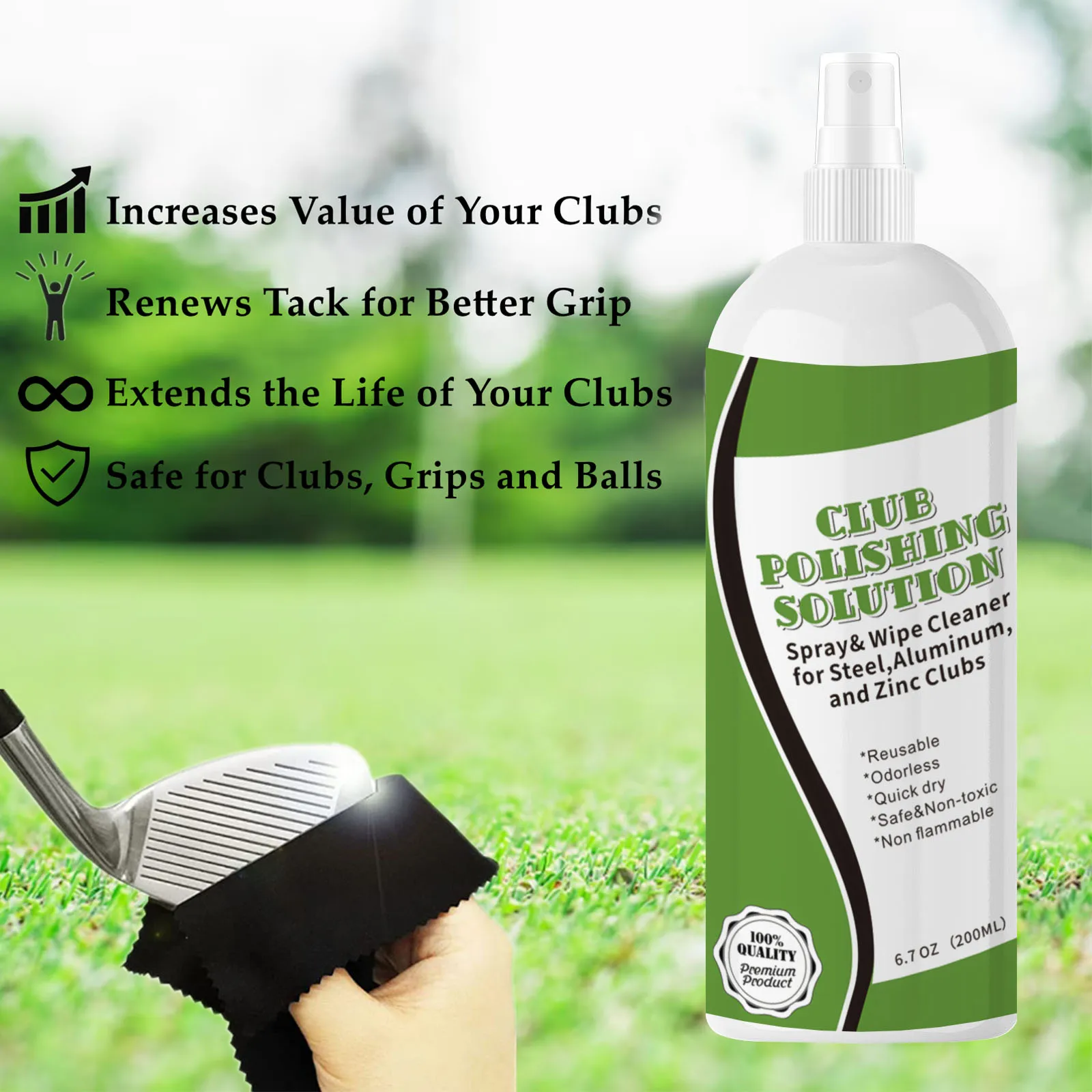 Golf Club Polishing Solution for Wood Iron Clubs Cleaning 6.7 oz Remove Scratches Scuffs Restore Shine 6