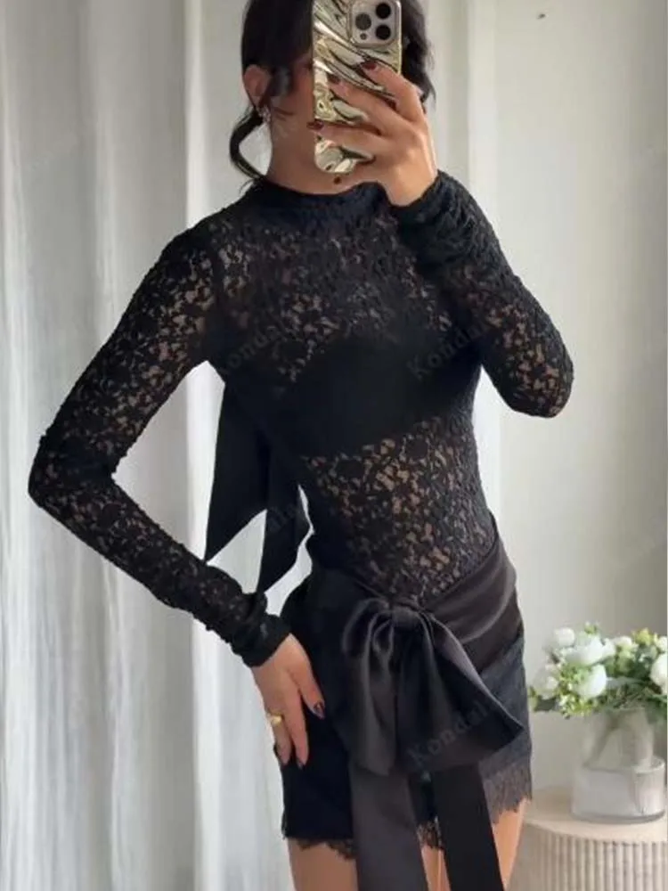 Chic Fashion Bow Splicing Lace Mini Skirts Two Piece Sets For Women 2025 New Bodysuits Top Women's Suits Elegant Woman Outfits ﻿