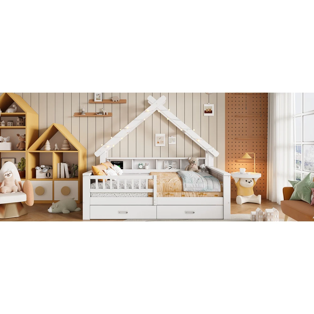 90 x 200 cm/140 x 200 cm großes Plattformbett aus Holz in Hausform, mit LED-Beleuchtung, Ablagefächern, Schubladen und Schutzgitter – Detail 35