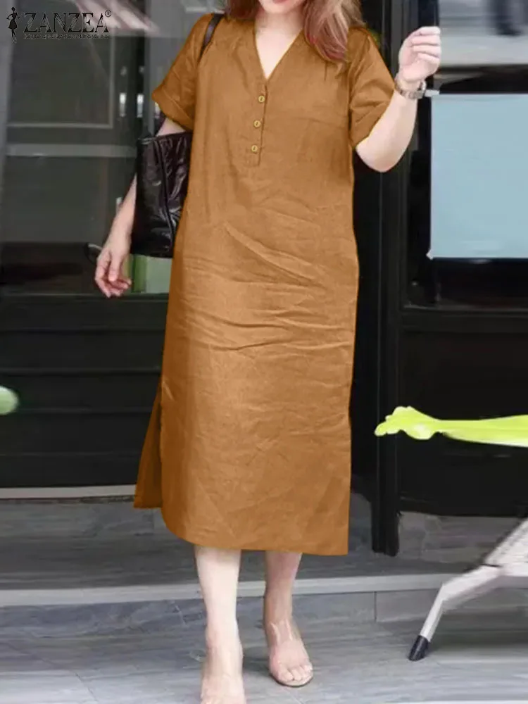 

ZANZEA V-neck Buttons Vestidos 2023 Summer Casual Loose Chic Robes Women Solid Korean Fashion Midi Dresses Retro Commuting Dress