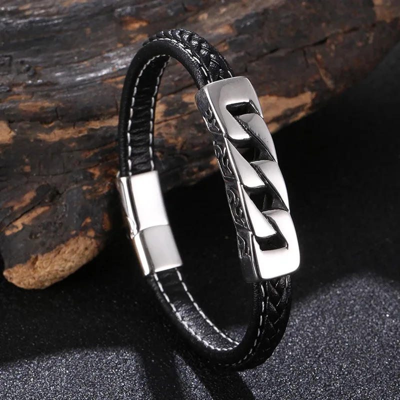 4/6/8mm Mens Black Braided Leather Cord Necklace Choker Steel Magnetic  16-36inch