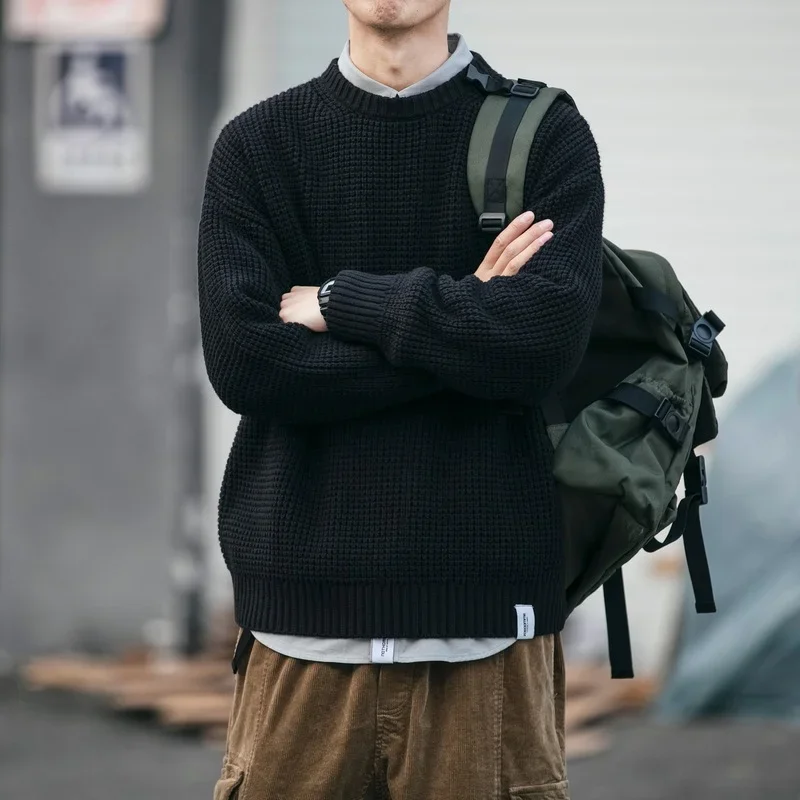 Autumn Winter Sweater Men New Arrival British Retro Casual Pullover Solid Long Sleeve Loose O-Neck Knitted Sweaters Streetwear 2