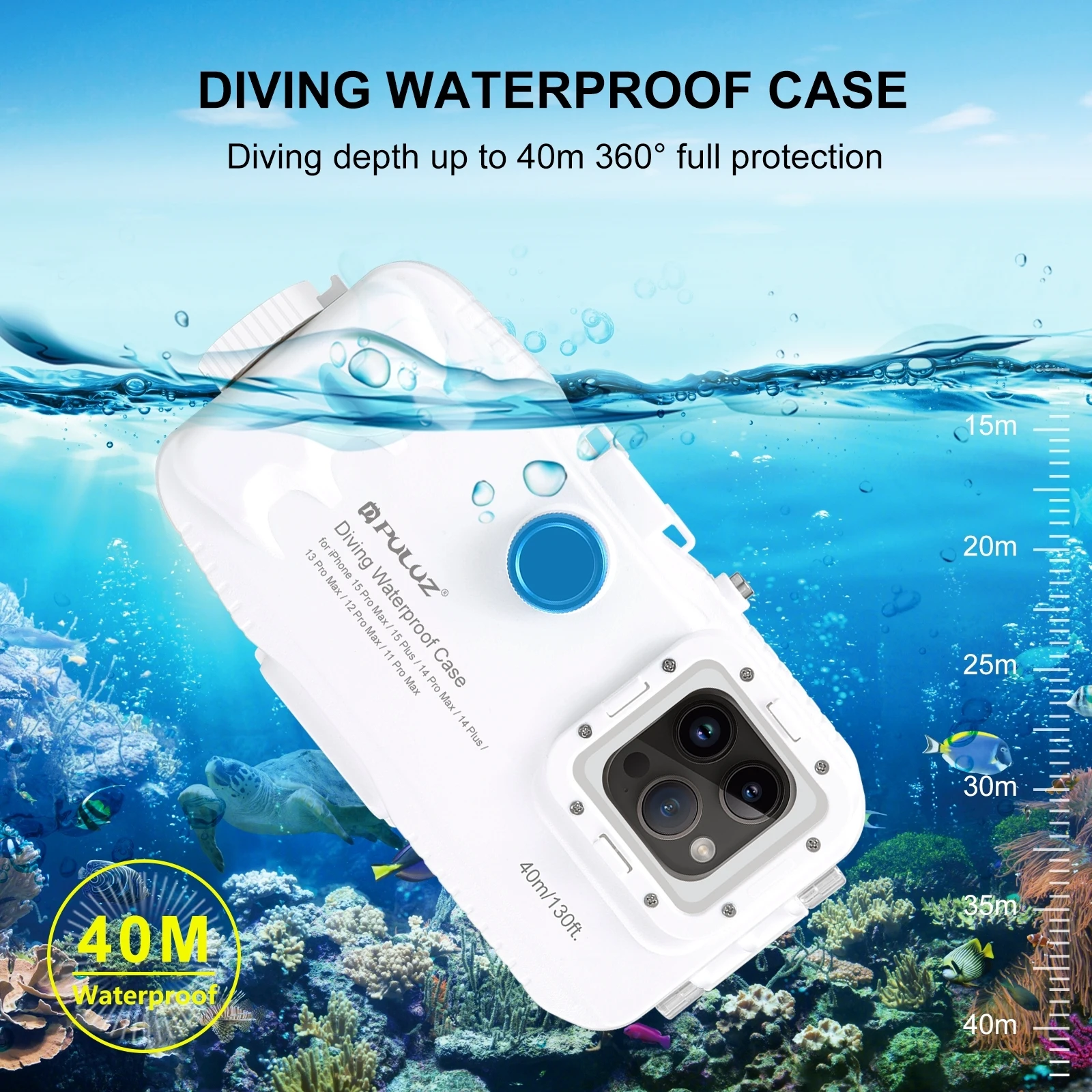 PULUZ 40m 130ft Waterproof Diving Case for iPhone 14 15 Plus 11 12 13 14 15 Pro Max with One-way Valve underwater photo shoot
