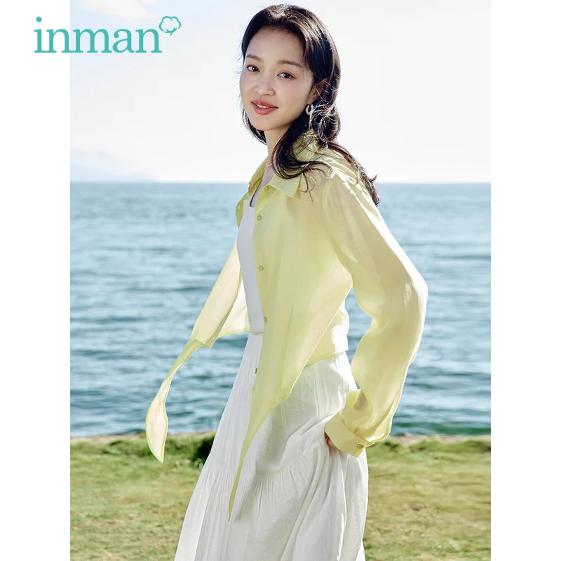 INMAN Women Shirts 2023 Summer Long Sleeve Polo Neck Loose Short Shirts Lightweight Comfortable Yellow Blue Casual Daily Tops ostrich 3 n 1 lightweight aluminum frame 5 position reclining beach chair blue