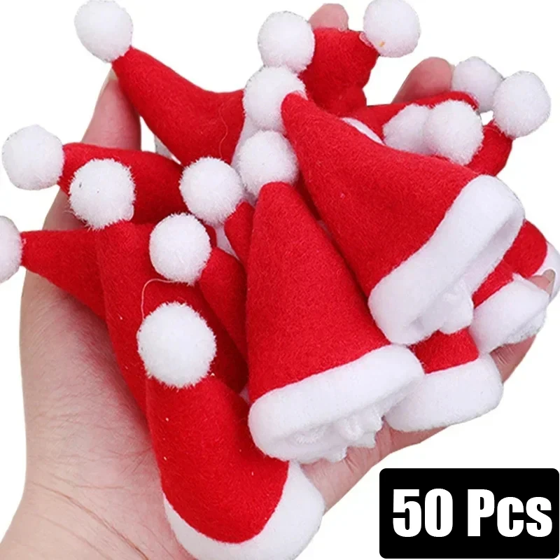Christmas beanie hat 50PCS Christmas hat For fork knife tableware decorations Plush mini Santa hat family party New Year gifts Xmas small red cap