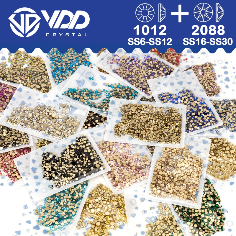 VDD 믹스 크기 SS6-SS30 고품질 유리 2088 라인 석 크리스탈 골드 플랫 백 Strass 돌 네일 아트 공예 DIY 장식