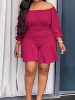 Rose Red Casual Off-the-shoulder Three-quarter Sleeve Ruffle Fitted Holiday Jumpsuit - Image 3
