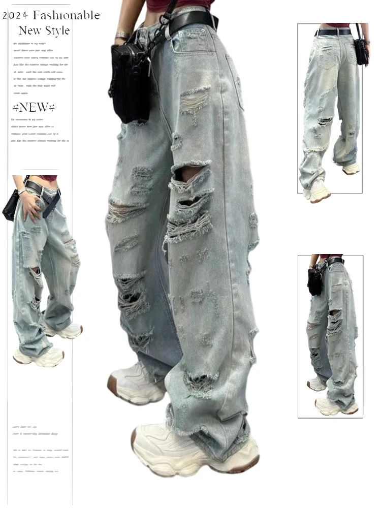 

Women's Blue Ripped Jeans Harajuku 90s Aesthetic Y2k Baggy Denim Trousers Japanese 2000s Style Jean Pants Vintage Trashy Clothes