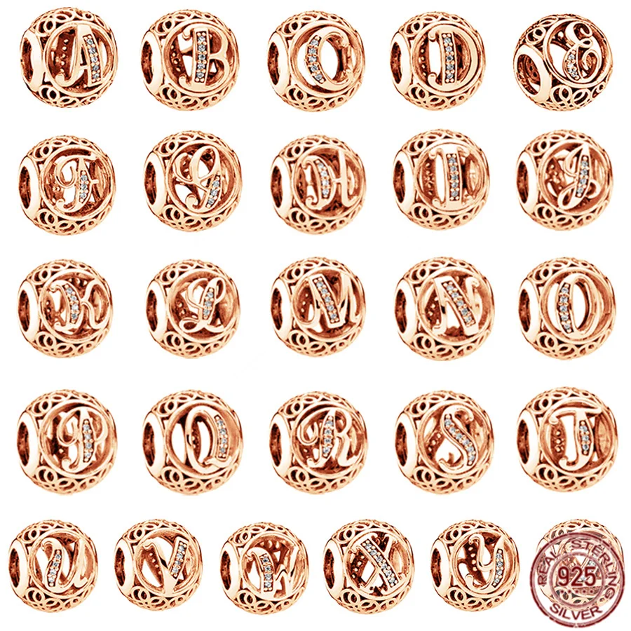 

925 Sterling Silver Openwork Letter A-Z Alphabet Charms Bead Fit Original Pandora Bracelet Bangle Rose Gold Plate Jewelry Gift