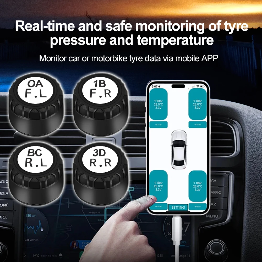 Bluetooth 5.0 Car Motorcycle Tire Pressure Monitoring System External TPMS Car Tire Pressure Sensors For Android/IOS car tire pressure monitor car tire pressure sensor external sensors