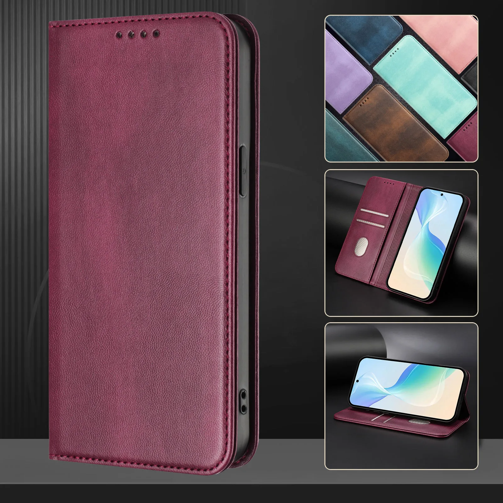 Modern Color Leather Book Case with Magnetic Holder and Card Slots - Anti-Scratch Wallet Cover