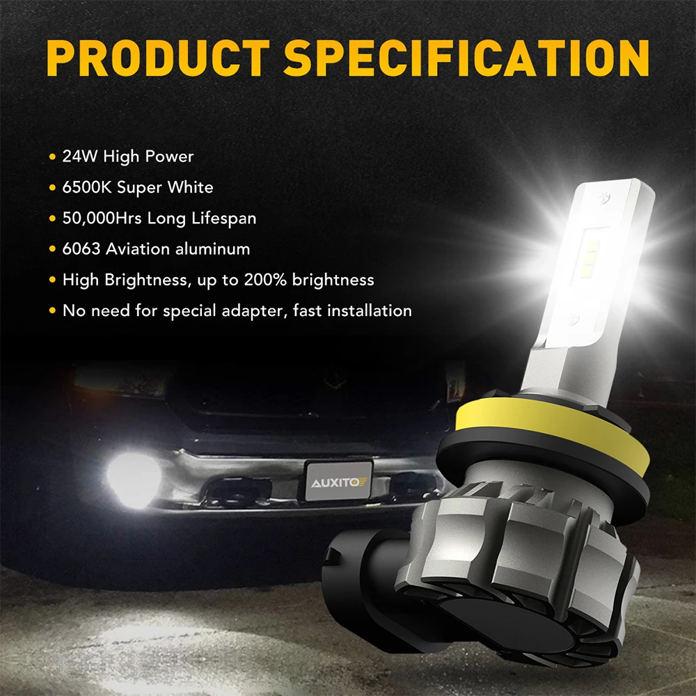 AUXITO LED 안개등 전구, 자동차 램프, 주간 주행등, 3000K 노란색, H10, 5202, 880, H27, H11, H8, H16JP, 2 개