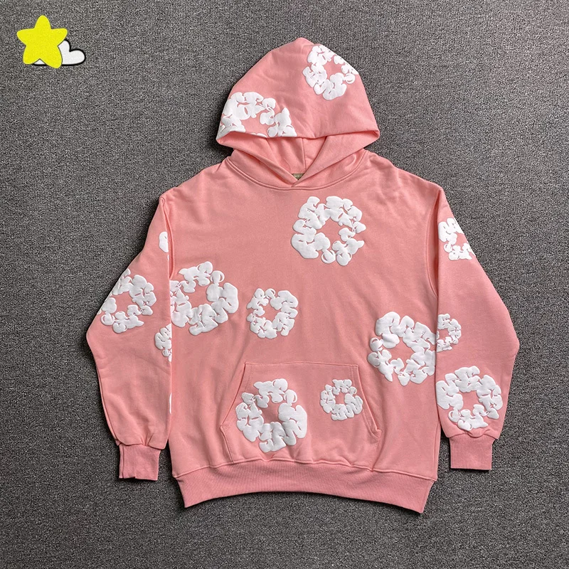 

Men Women Couple Casual Pink Denim Tears Hoodie Hooded High Quality Cotton Classic Kapok Puff Printing Pullovers Inside Tags